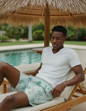 Transformative Teal Haven men's swim trunks