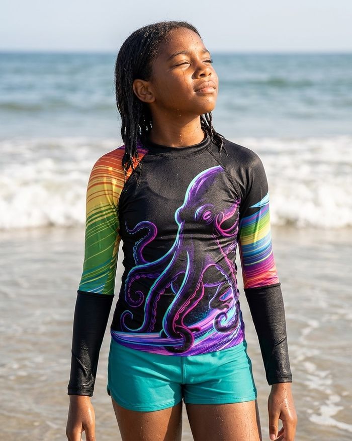 Rashguard — Girls Neon Octopus Surfer