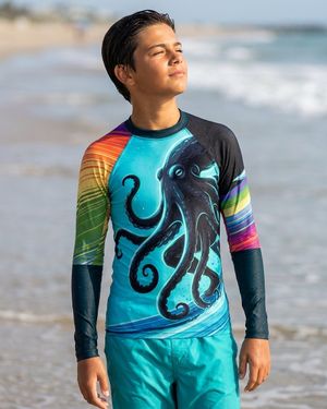 Boys Neon Octopus Surfer (turquoise) boys youth rashguards