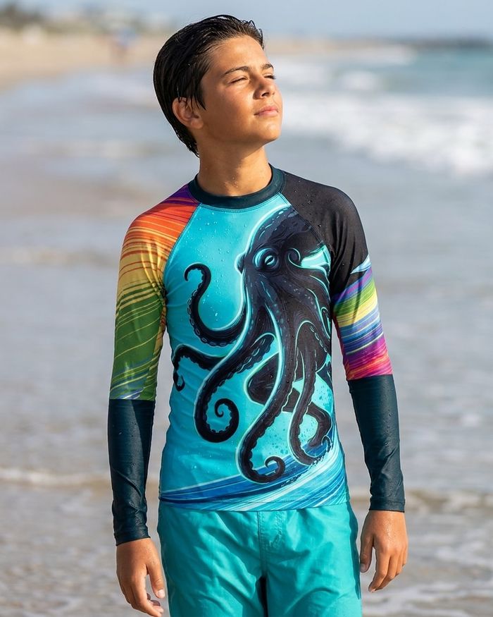 Rashguard — Boys Neon Octopus Surfer (turquoise)