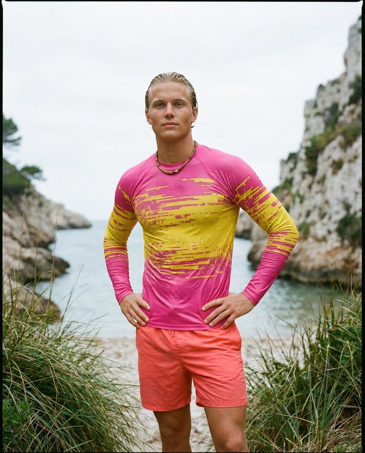 Men's Magenta Yellow Mosaic men's short-sleeve rashguards
