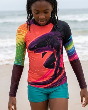 Girls Neon Shark Surfer (coral) girls youth rashguards