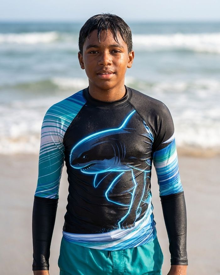Rashguard — Boys Neon Shark Surfer