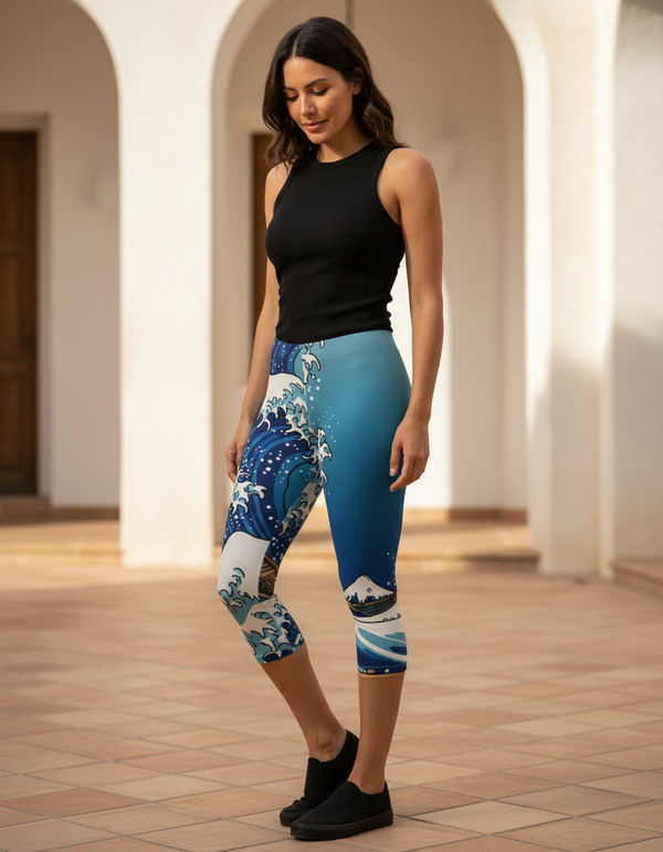 Japanese Wave Art capri leggings