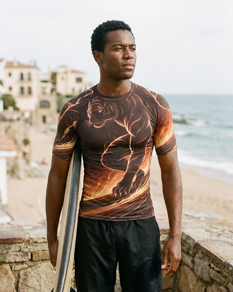Men's Coffee Bean Neon Tiger Surfer men's rashguards