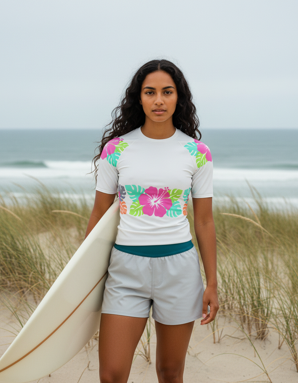 Women's Hot Neon Multi White Pua Rash Guard