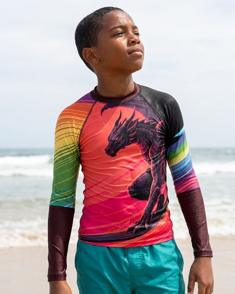 Boys Neon Dragon Surfer (coral) boys youth rashguards