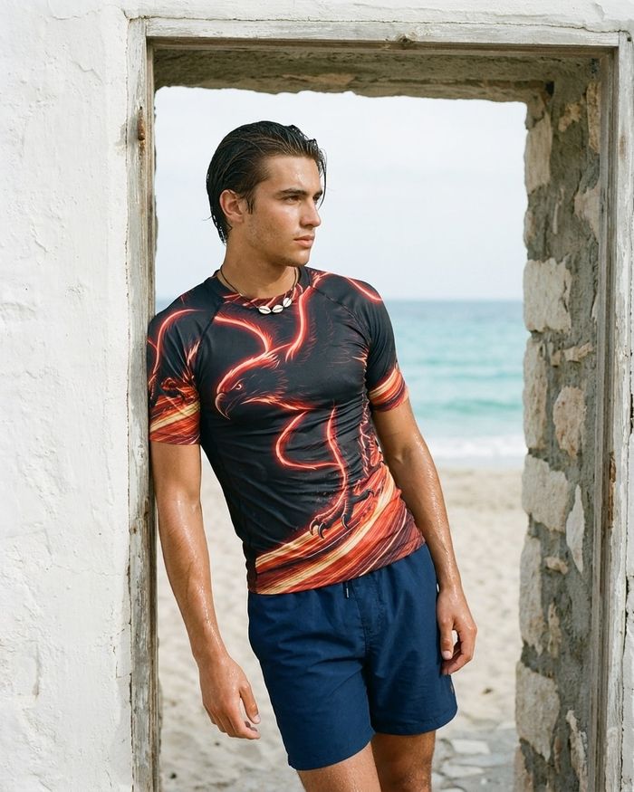 Rashguard — Men's Fiery Red Neon Eagle Surfer