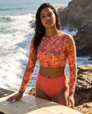 Women's Neon Coral Triton women's crop-top rashguards