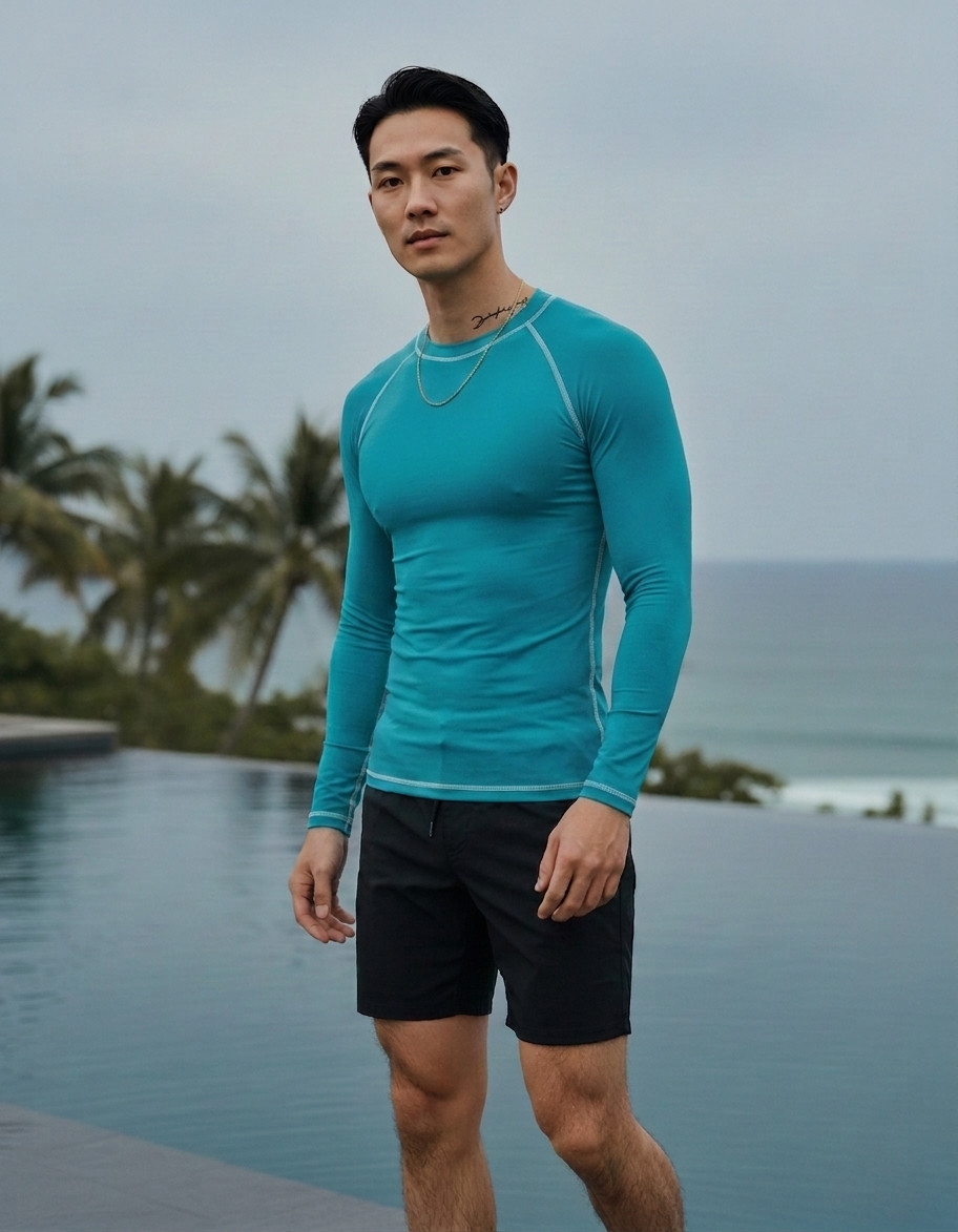 Rash guard in Caribbean Blue