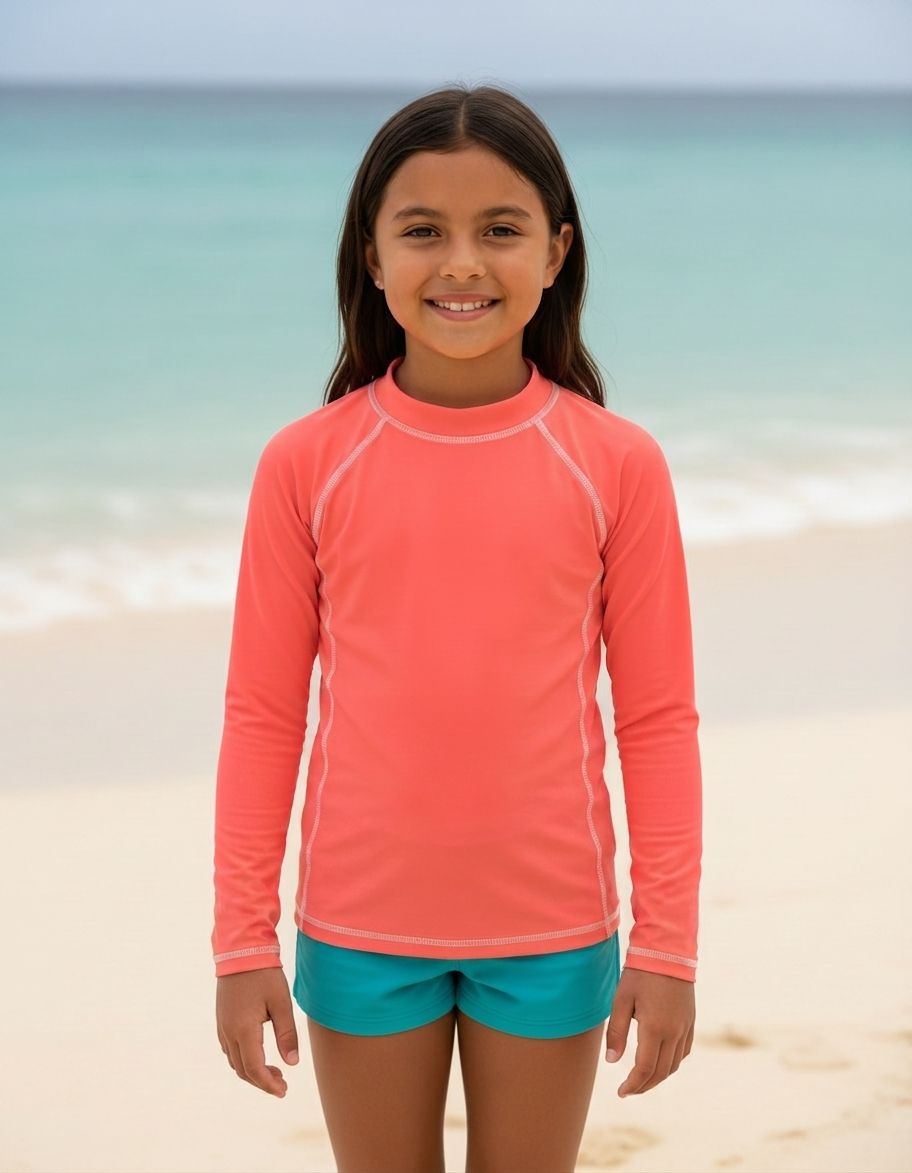 Girls Neon Coral Rash Guard