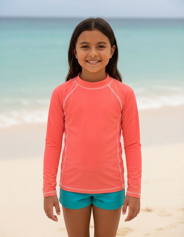 Girls Neon Coral Rash Guard