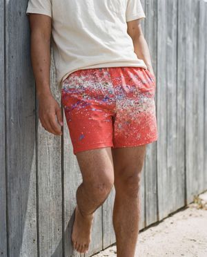 Neon Coral Pixelate men's swim trunks