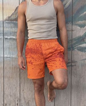 Orange Pixelate men's swim trunks