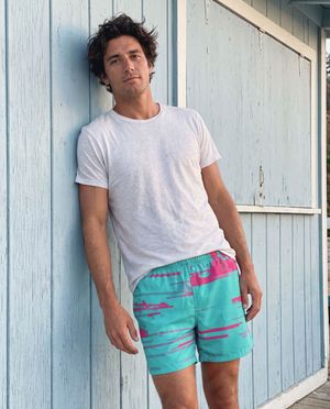 Turquoise Hot Pink Mosaic men's swim trunks