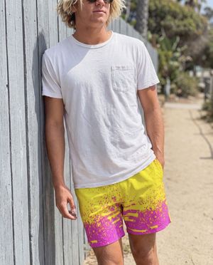 Magenta Yellow Mosaic men's swim trunks
