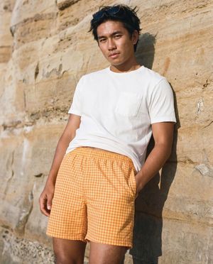 Coral Sunset men's swim trunks