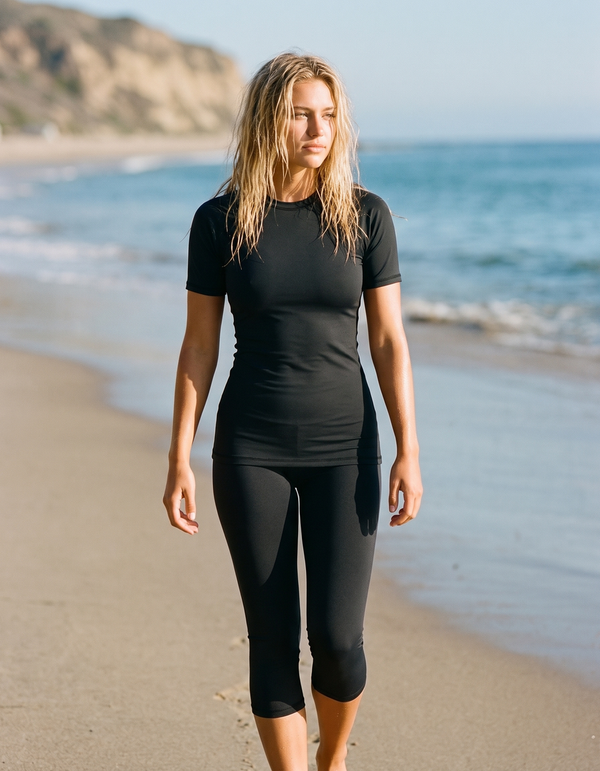 Short Sleeve Rashguard + Swim Capri Leggings