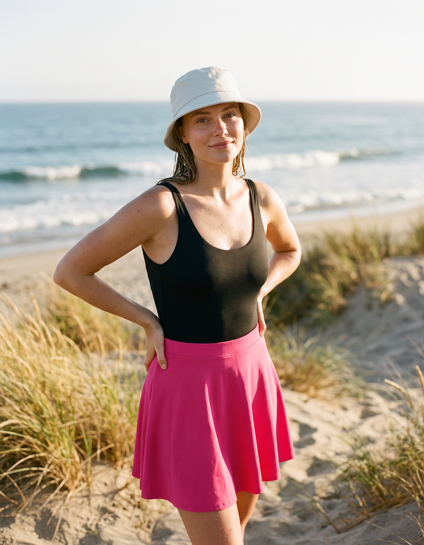 One-Piece + Swim/Gym Beach Skirt + Bucket Hat