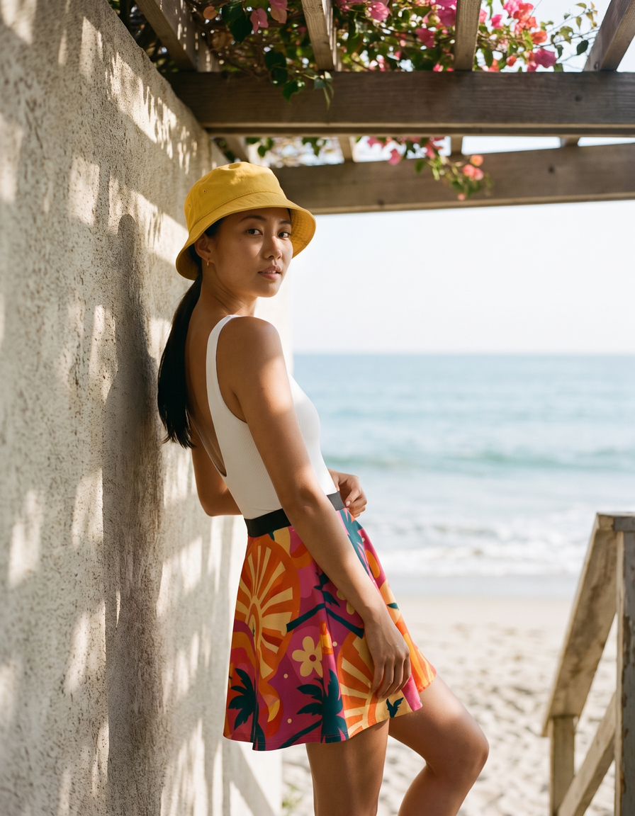 One-Piece + Swim/Gym Beach Skirt + Bucket Hat
