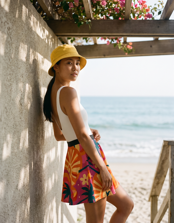 One-Piece + Swim/Gym Beach Skirt + Bucket Hat
