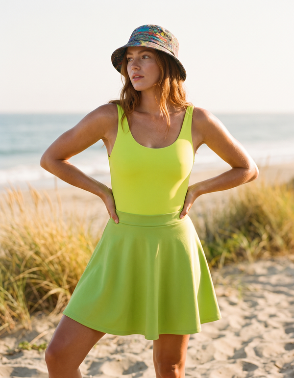 One-Piece + Swim Skirt + Bucket Hat