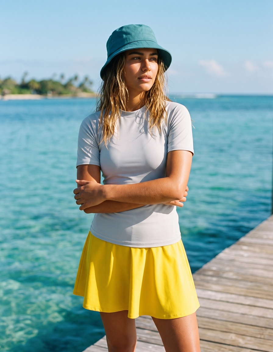 Short Sleeve Rashguard + Swim/Gym Beach Skirt + Bucket Hat