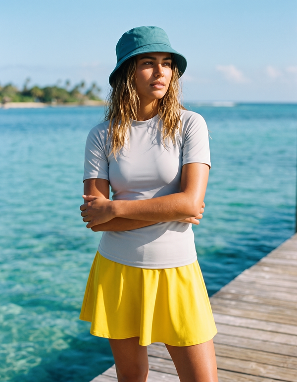 Short Sleeve Rashguard + Swim/Gym Beach Skirt + Bucket Hat