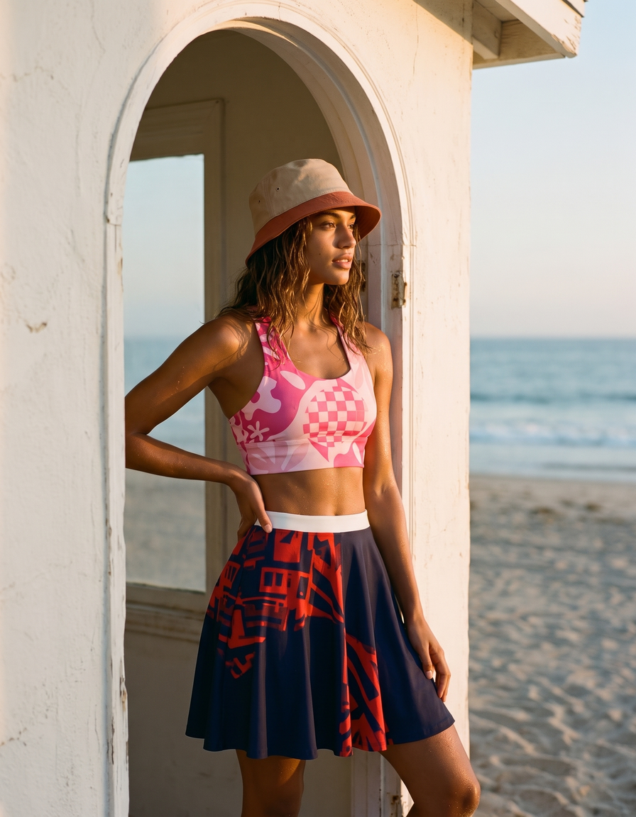 Swim Sports Bra + Swim Skirt + Bucket Hat
