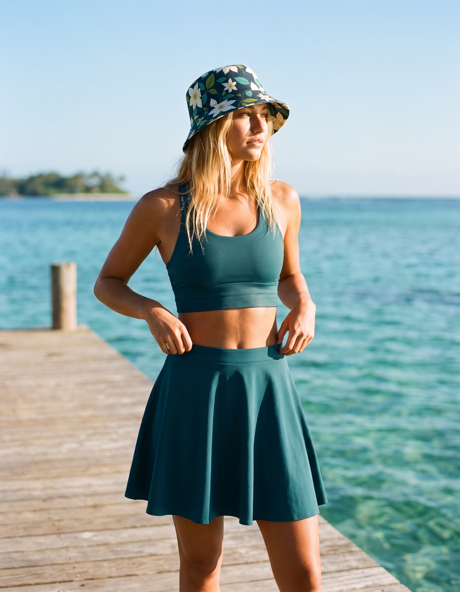 Swim Sports Bra + Swim Skirt + Bucket Hat