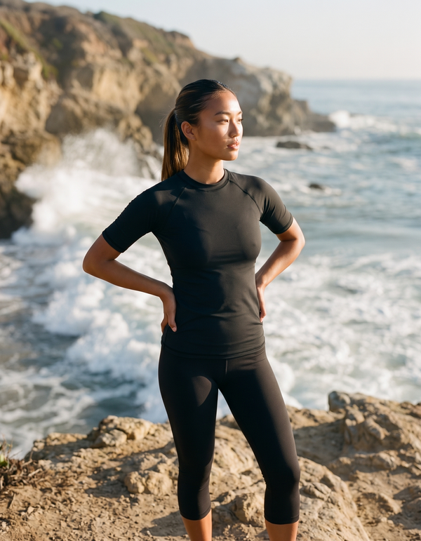 Short Sleeve Rashguard + Swim Capri Leggings