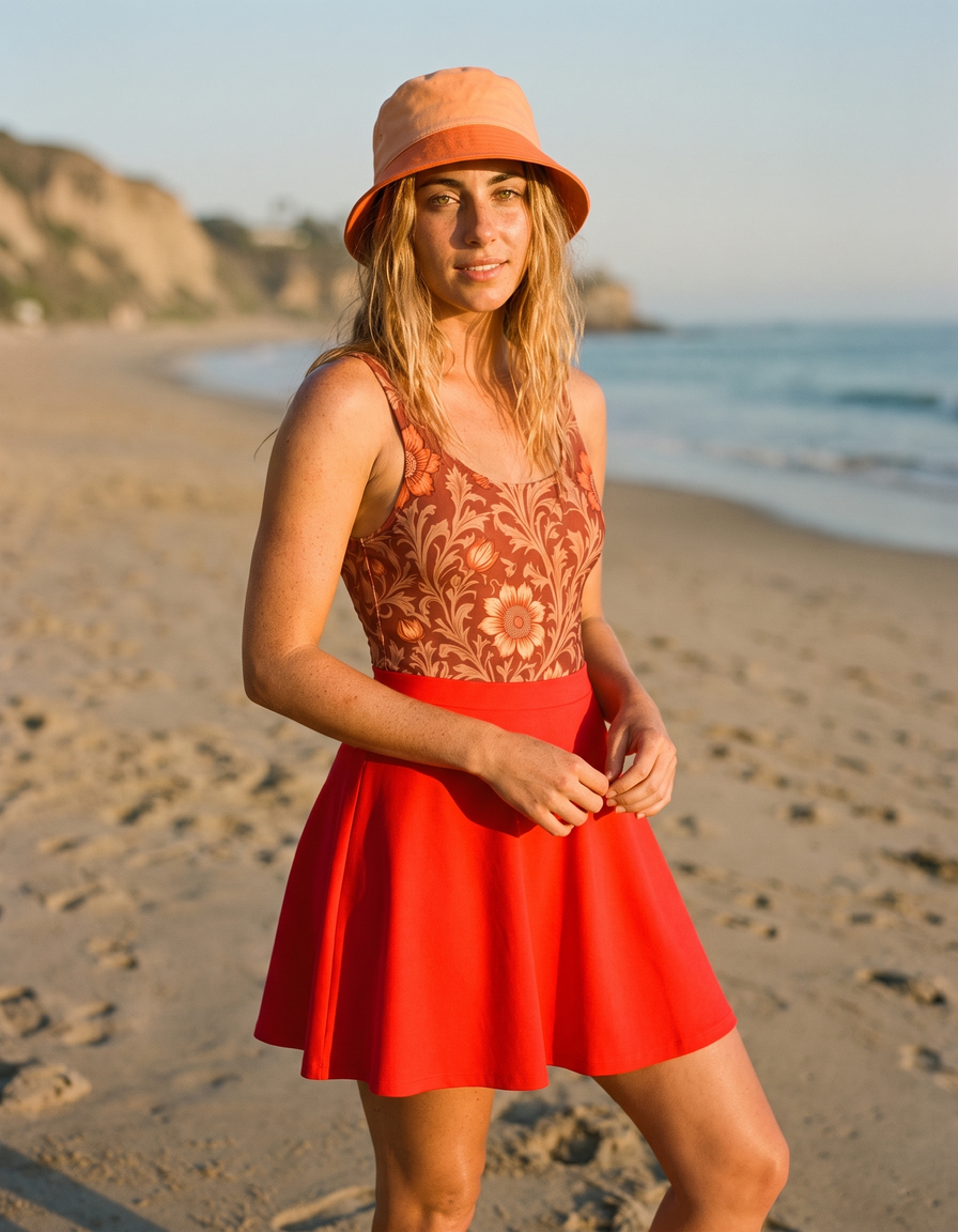 One-Piece + Swim Skirt + Bucket Hat