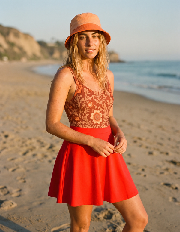 One-Piece + Swim Skirt + Bucket Hat