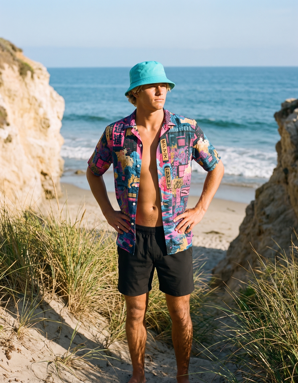 Hawaiian Shirts + Swim Trunks + Bucket Hat