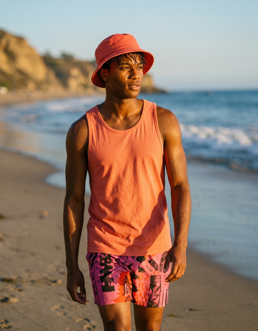 Swim Trunks + Bucket Hat + Tank Top