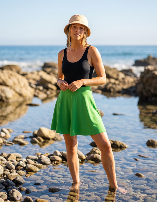 One-Piece + Swim/Gym Beach Skirt + Bucket Hat