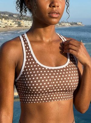Runway Chartreuse Mocha Polka Swim & Gym Bra Sports Bra — Lolekai