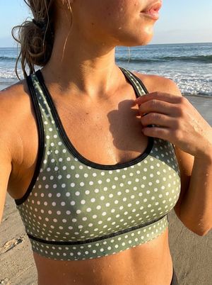 Runway Emerald Sage Polka Swim & Gym Bra Sports Bra — Lolekai