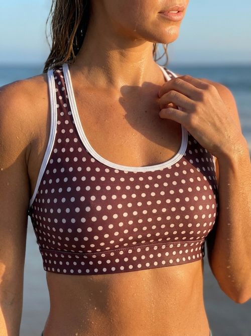 Amaranth Brick Polka Swim & Gym Bra Sports Bra — Lolekai