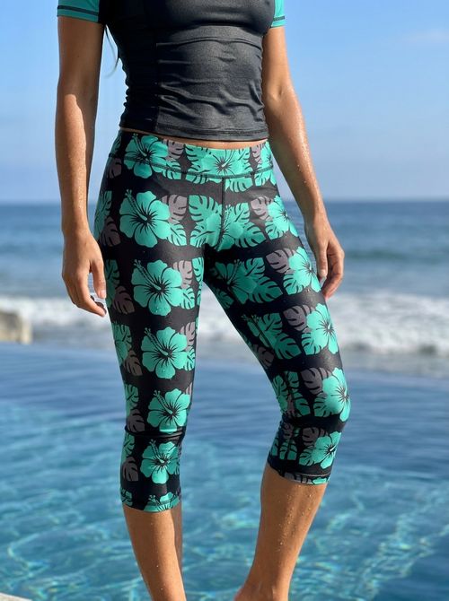 Neon Aqua Bloom Pua swim & gym capri leggings
