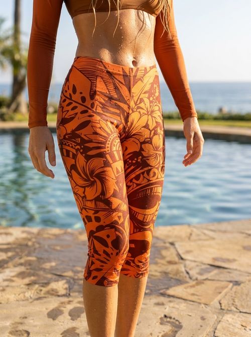 Citrus Orange Honua Lehua Leggings Capri Leggings — Lolekai